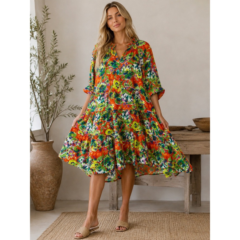 Easel Los Angeles Floral Tiered Midi Dress Orange Green Boho Womens S